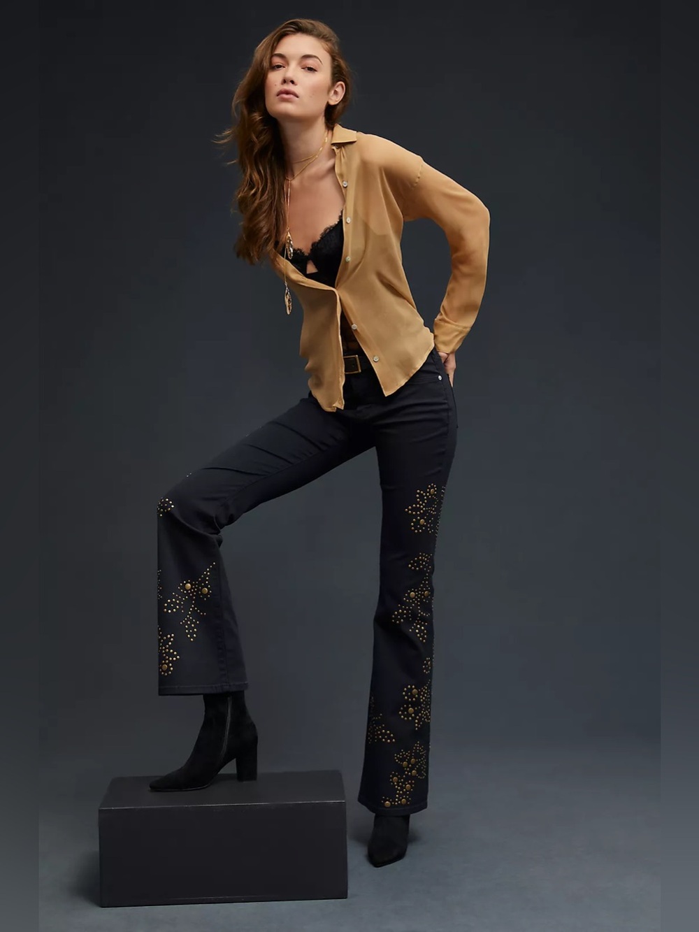 Anthropologie Pilcro The Icon Flare Black Studded Jeans Size 32